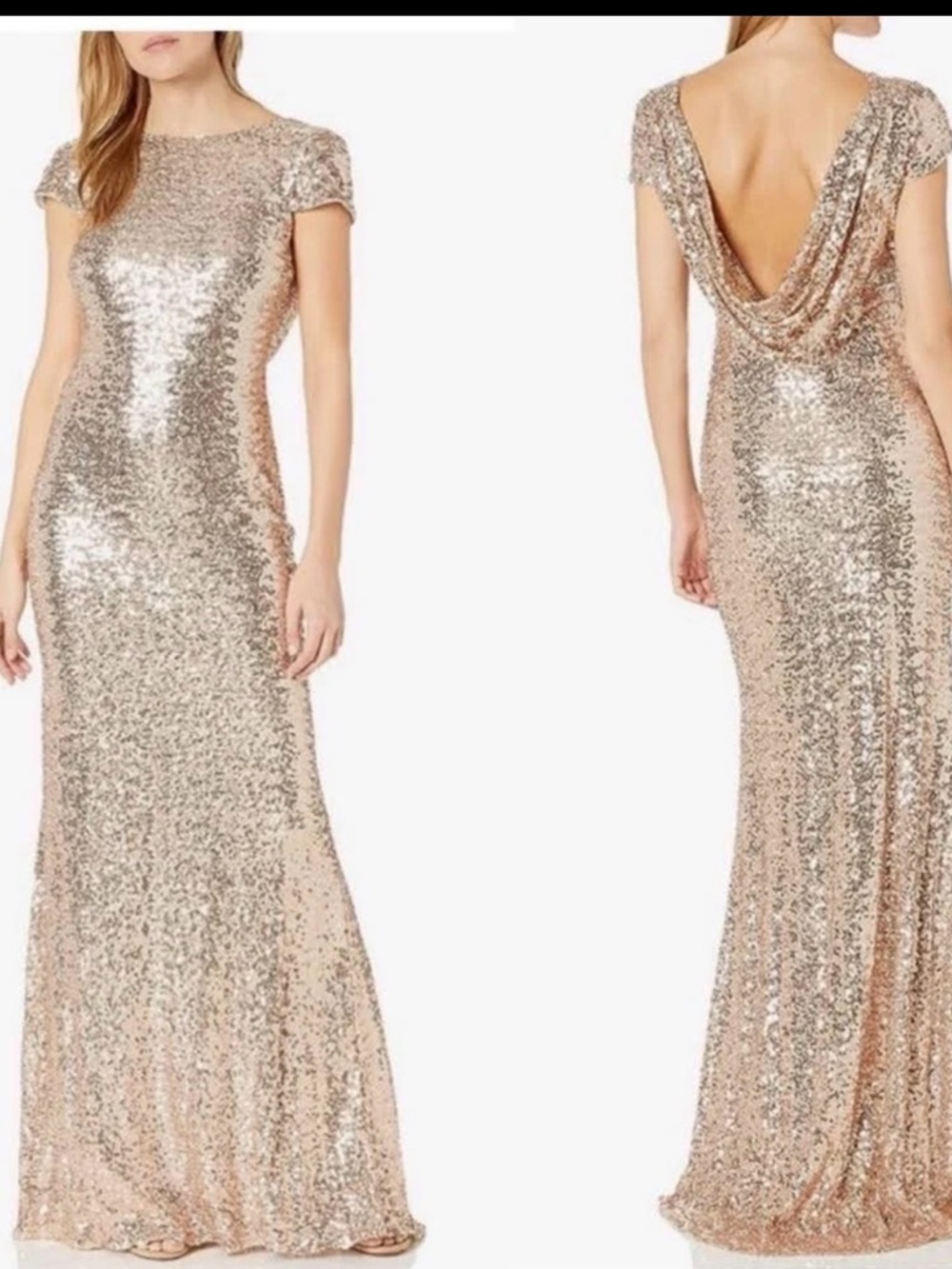 Badgley Mischka Gold Sequin Cap-Sleeve Evening Gown
